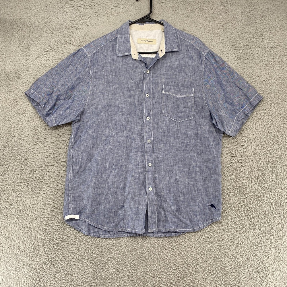 Tommy Bahama Linen Shirt Mens Medium Blue Chambray Short Sleeve Button Up Summer